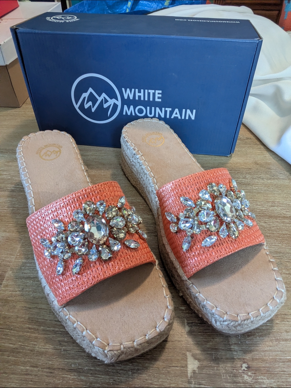 White Mountain Stitch Cantaloupe Jeweled Slide Sandals